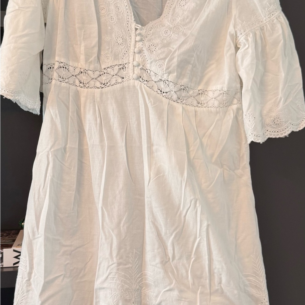 White Eyelet Midi Dress with Lace Insets